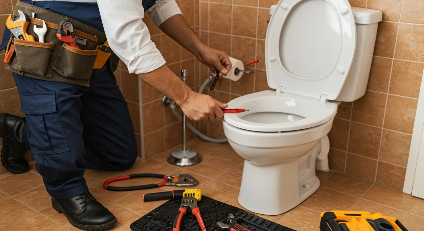 A plumber repairing a toilet mechanism.