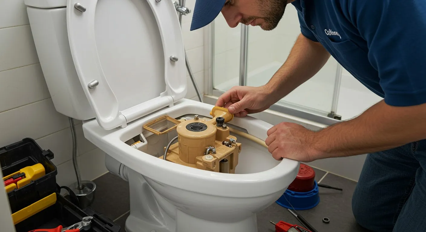 A plumber repairing a toilet mechanism.