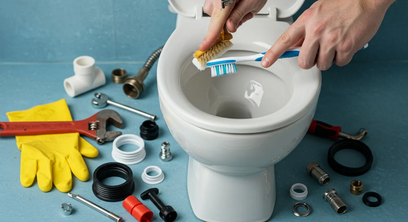 Someone's hands cleaning a toilet bowl.