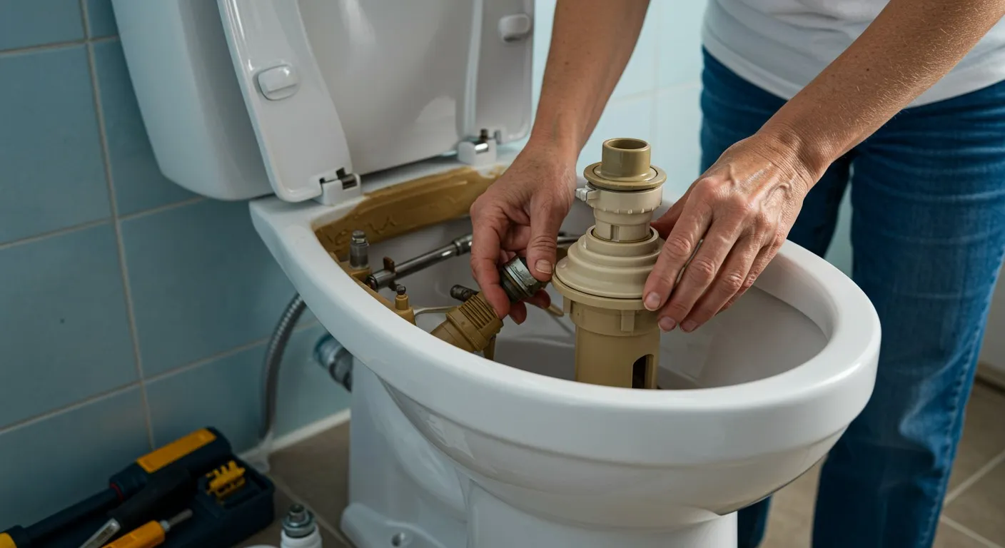 A person repairing the inside of a toilet.