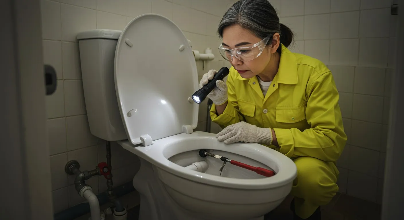 A person is inspecting a toilet's pipes.