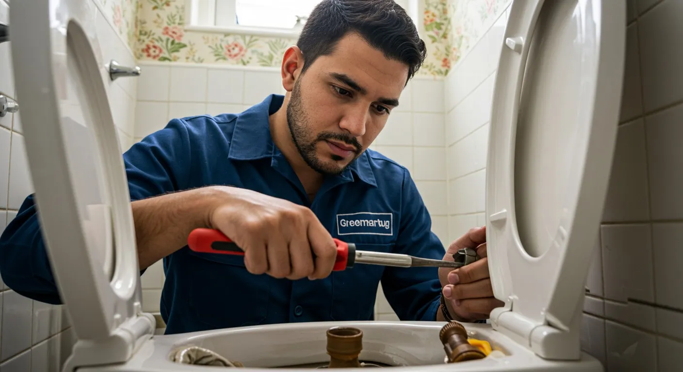 A person fixing the inside of a toilet.