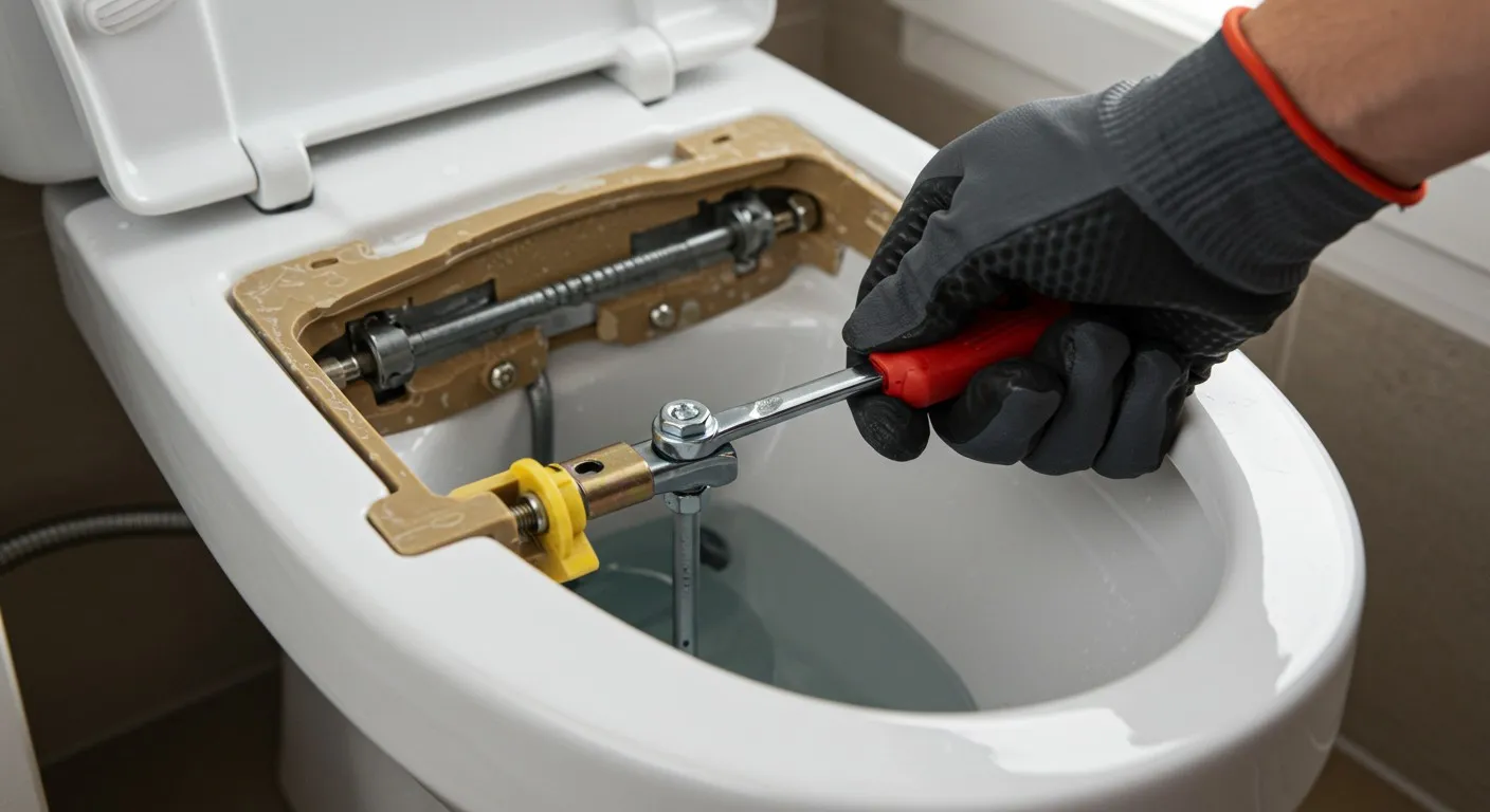 A person's hands repairing a toilet mechanism.