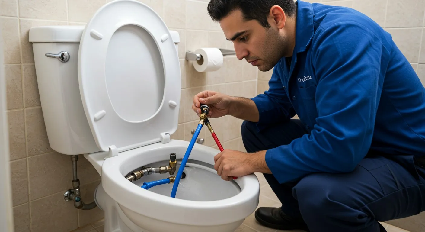 A male plumber is fixing a toilet.