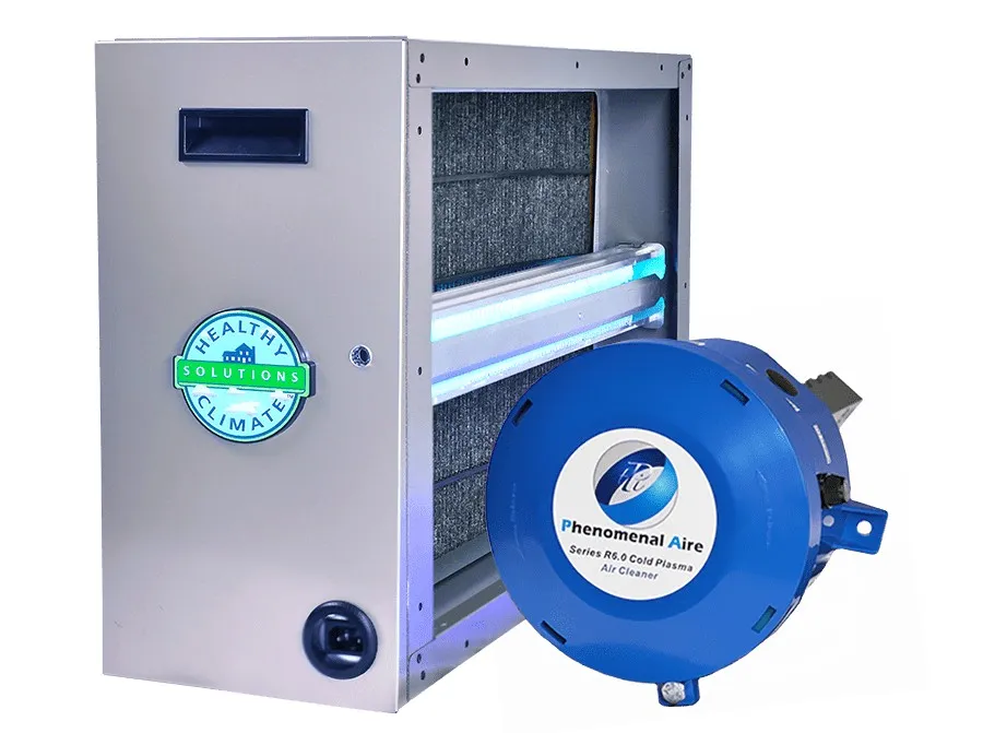 A silver "Healthy Climate" HVAC unit with a filter and two blue-glowing tubes is shown next to a separate blue cylindrical "Phenomenal Aire" air cleaner.