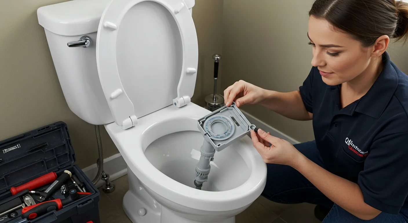 A plumber is repairing the toilet's insides.