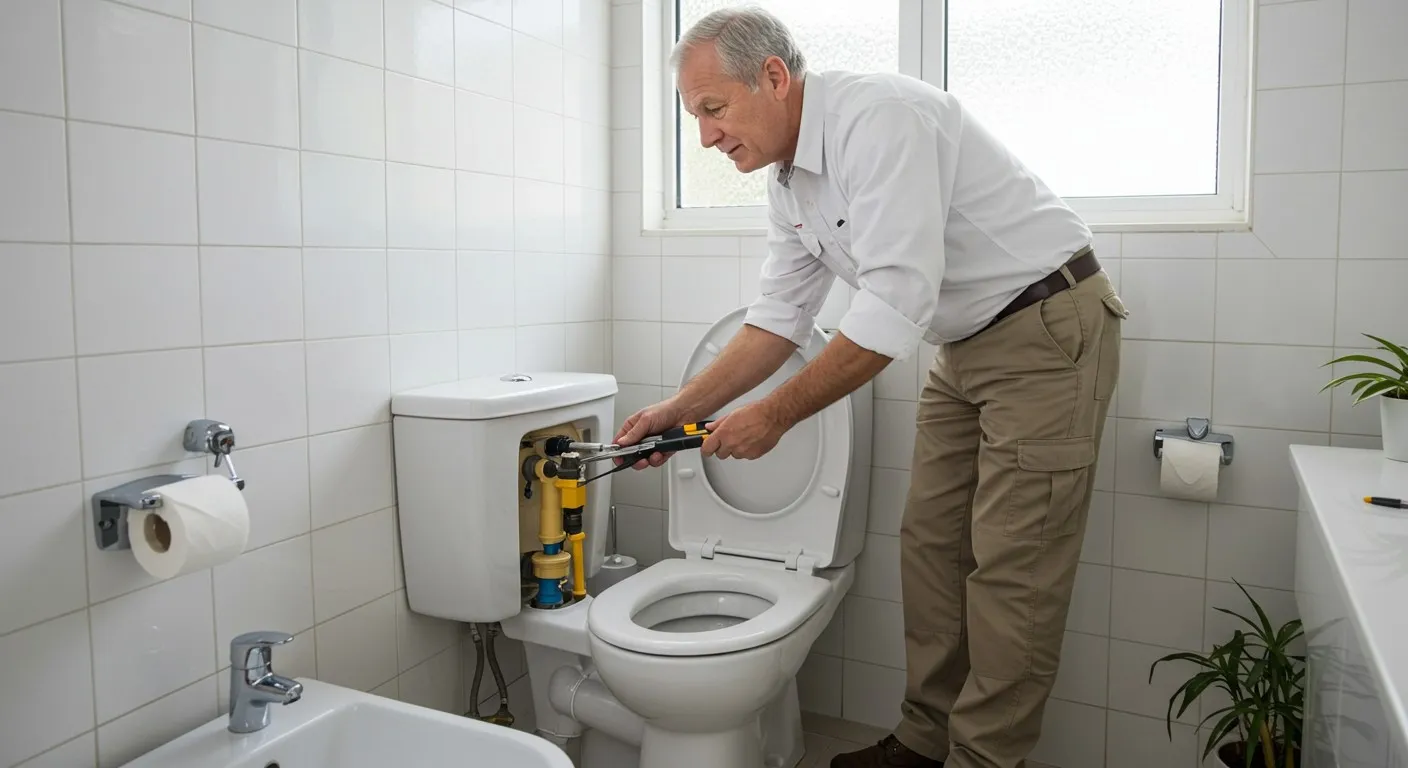 An old man fixing a toilet.