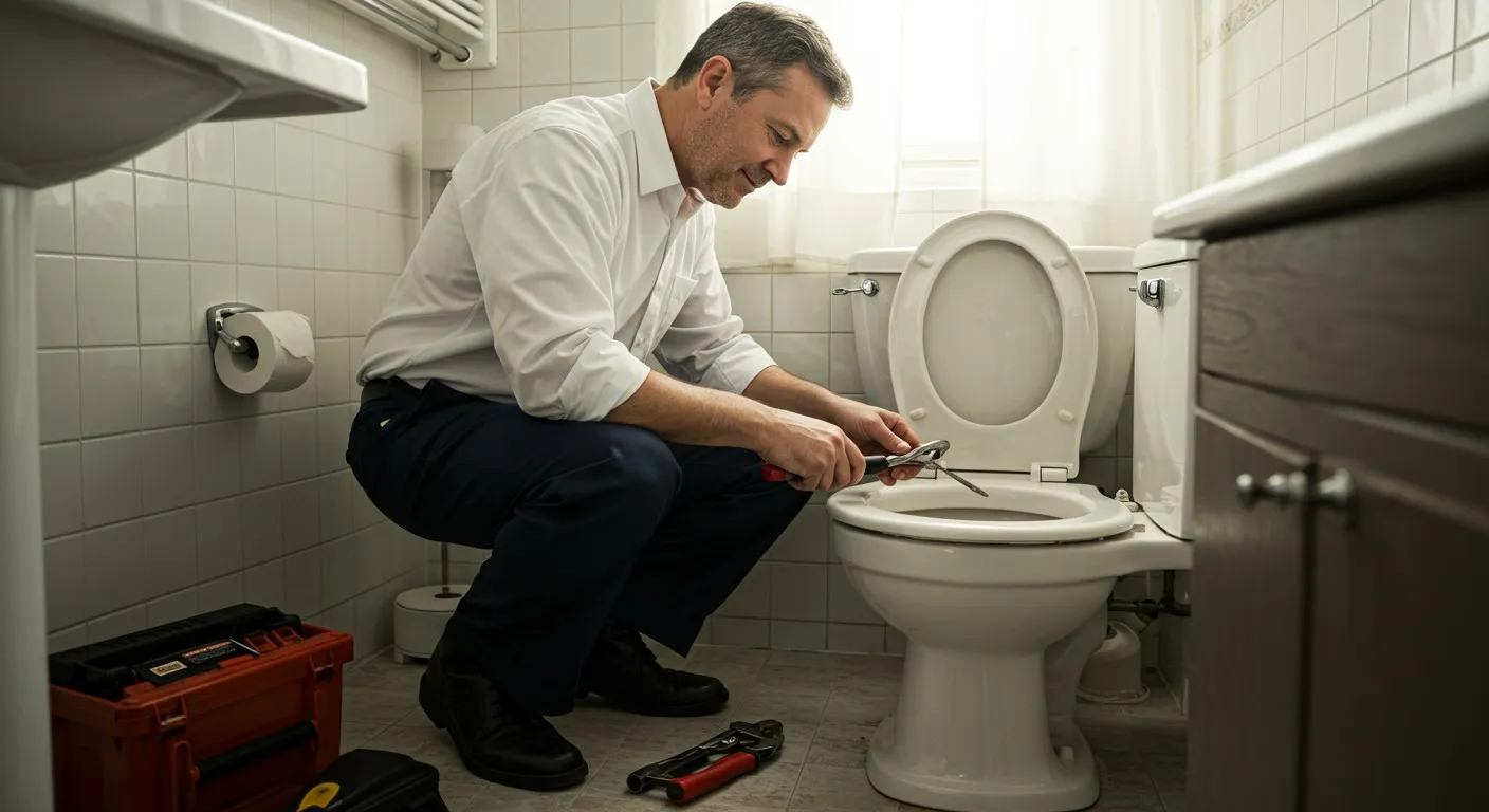 A male plumber fixing a toilet.