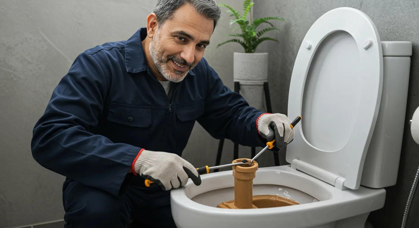 A plumber smiling while fixing a toilet.