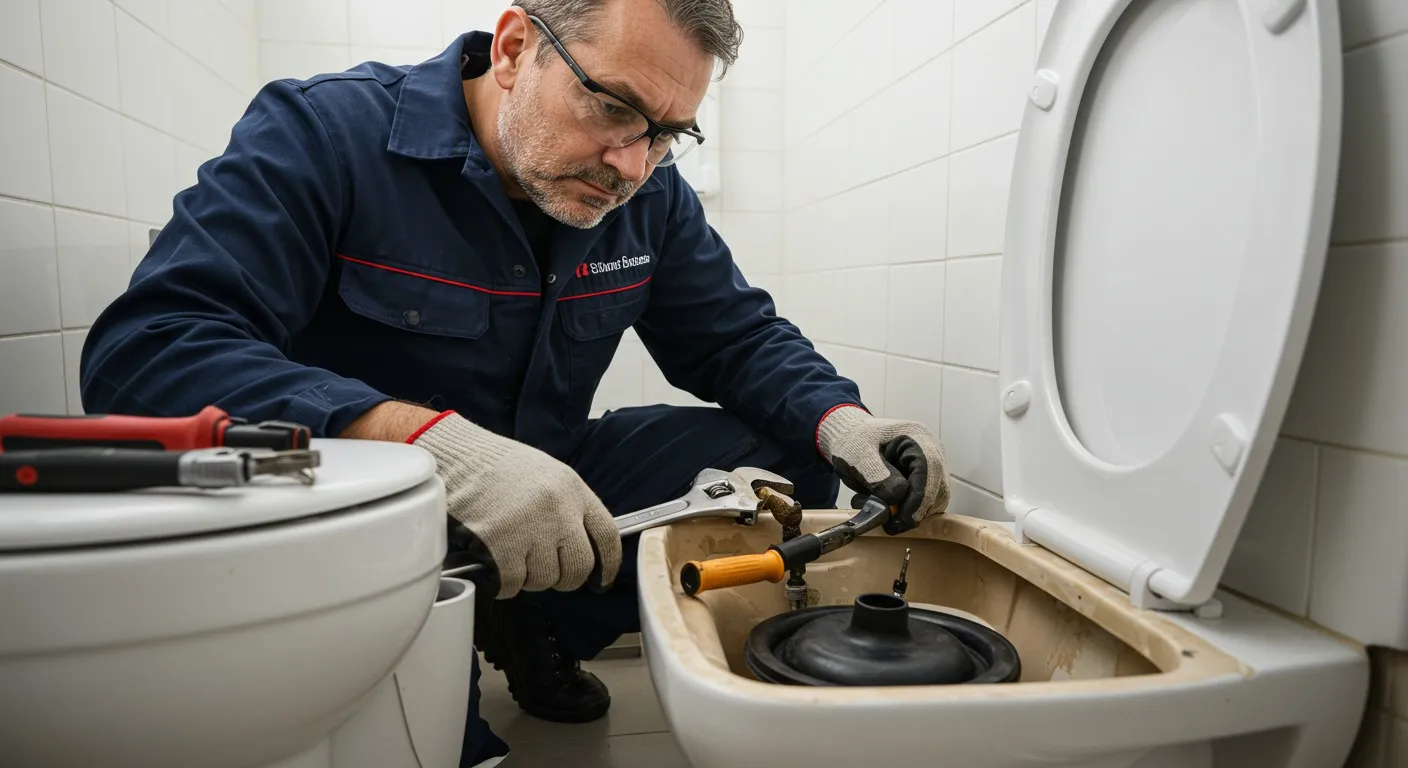 A person fixing the inside of a toilet.