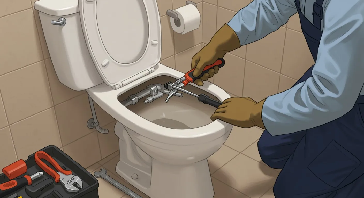 A drawing of a plumber fixing a toilet.