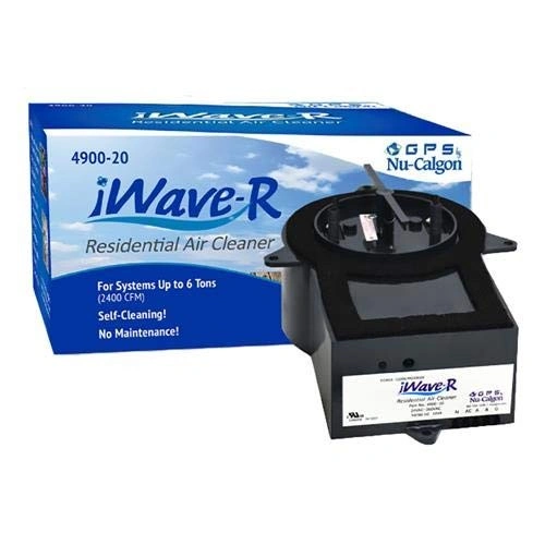 A product shot showing an "iWave-R Residential Air Cleaner" box and the black device itself, which has a fan and a sticker with product information.