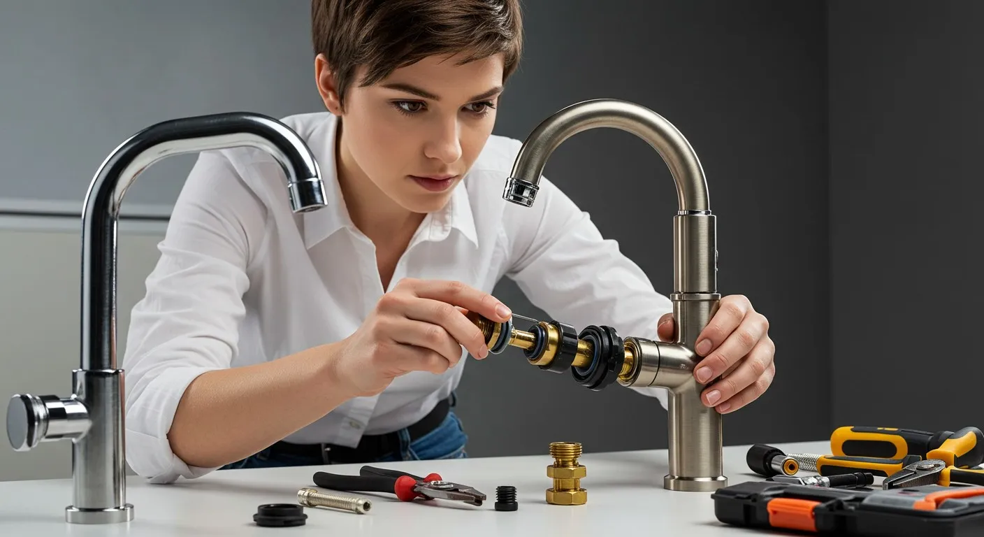 A woman assembling a kitchen faucet.