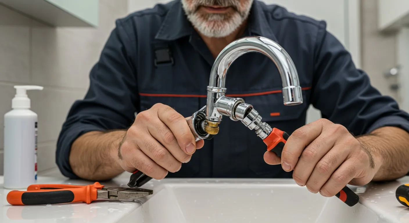 A plumber repairing a bathroom faucet.