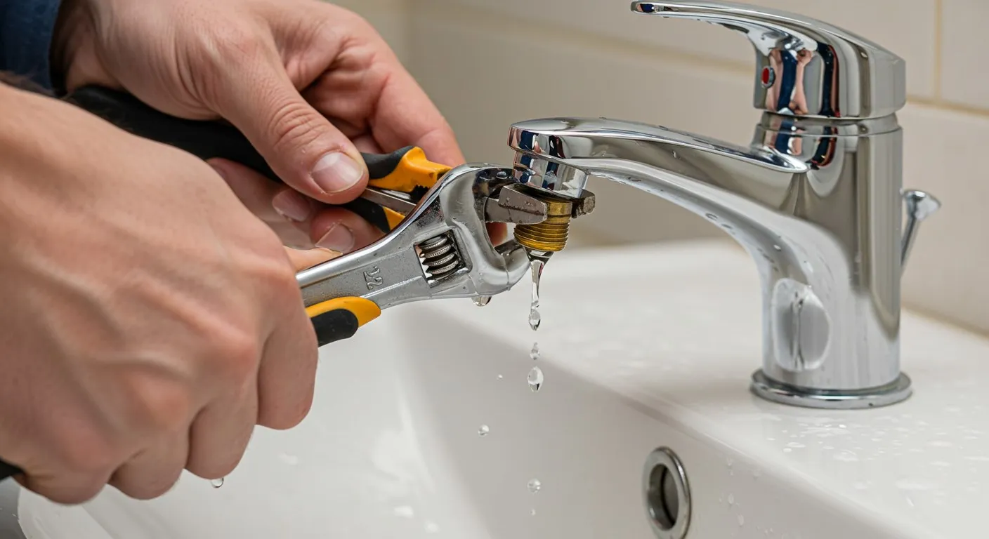 A person repairing a bathroom faucet.