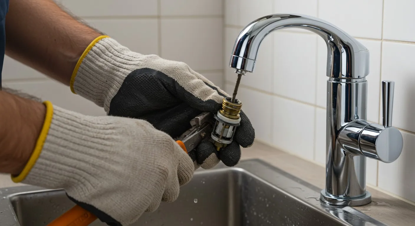 A person repairing a kitchen faucet.