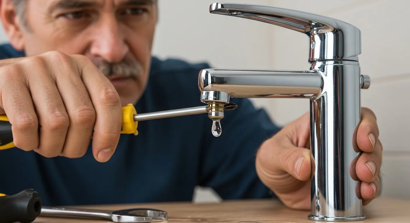 A plumber repairing a dripping faucet.