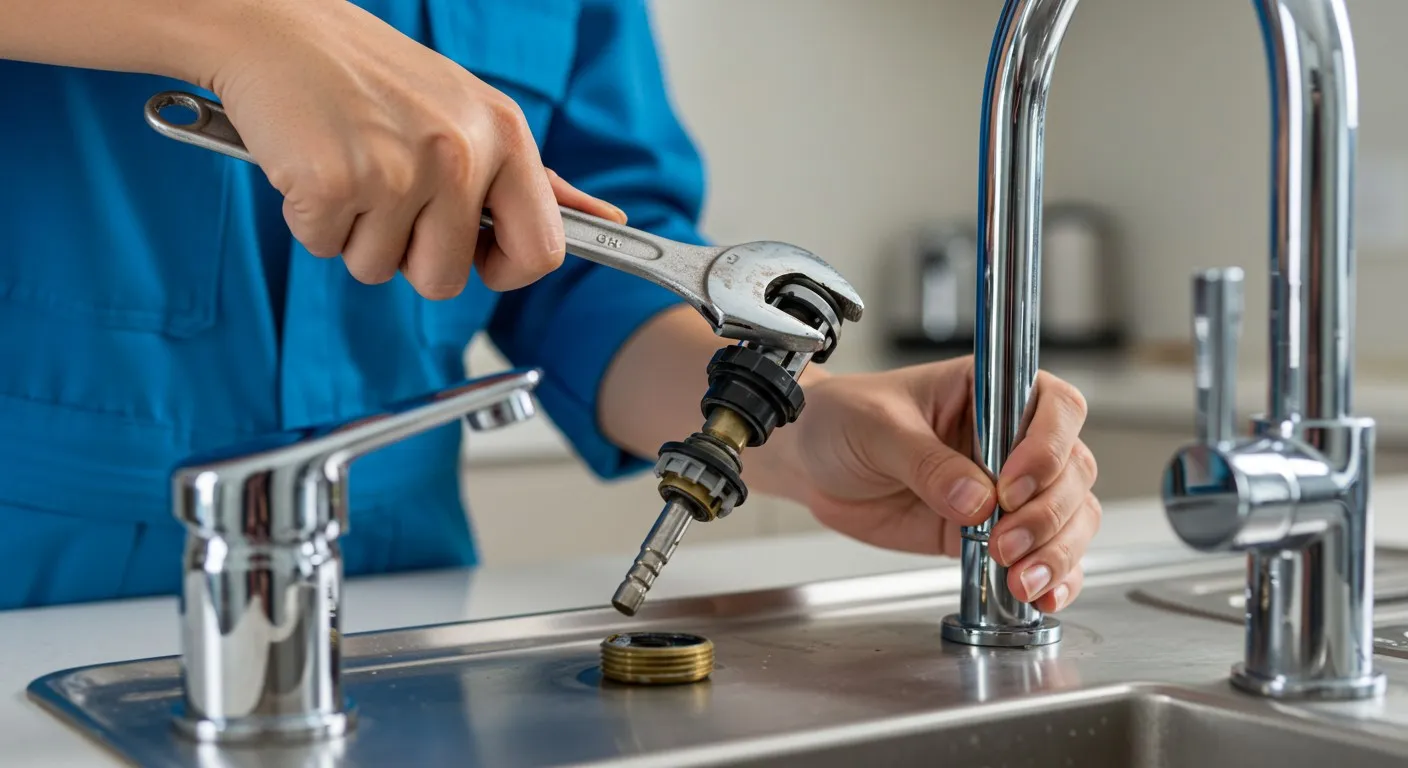 A plumber repairing a kitchen faucet.