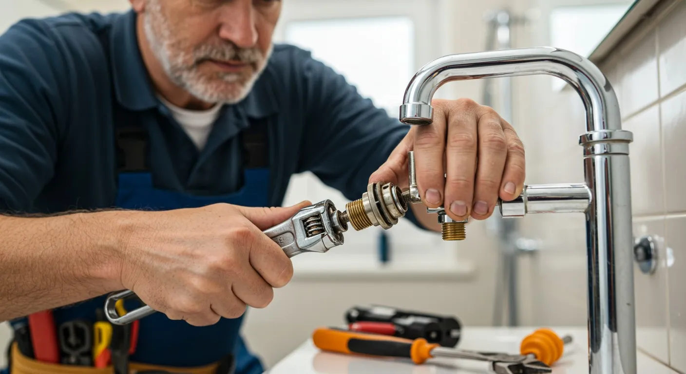 A male plumber fixing a faucet.