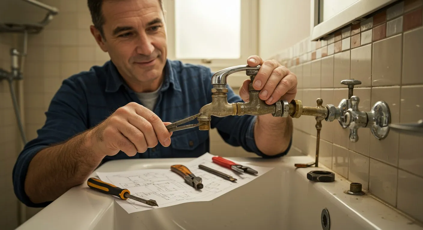 A male plumber repairing an old faucet.