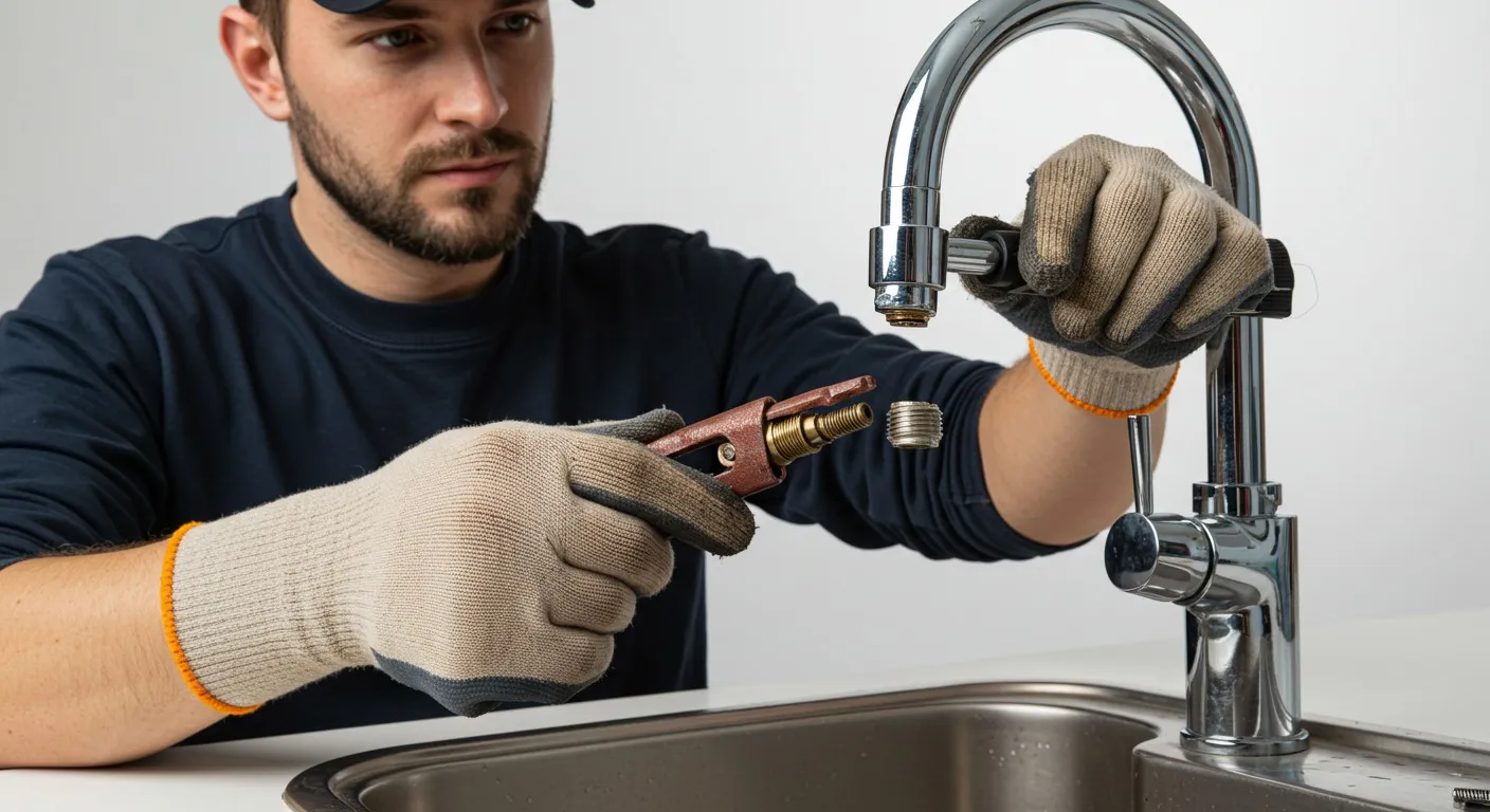 A person repairing a kitchen faucet.