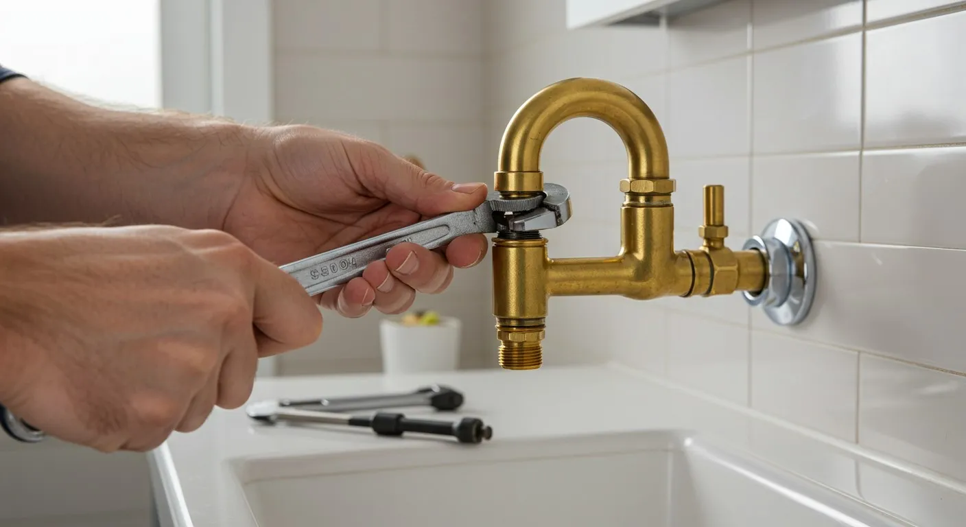 A person fixing a brass faucet.
