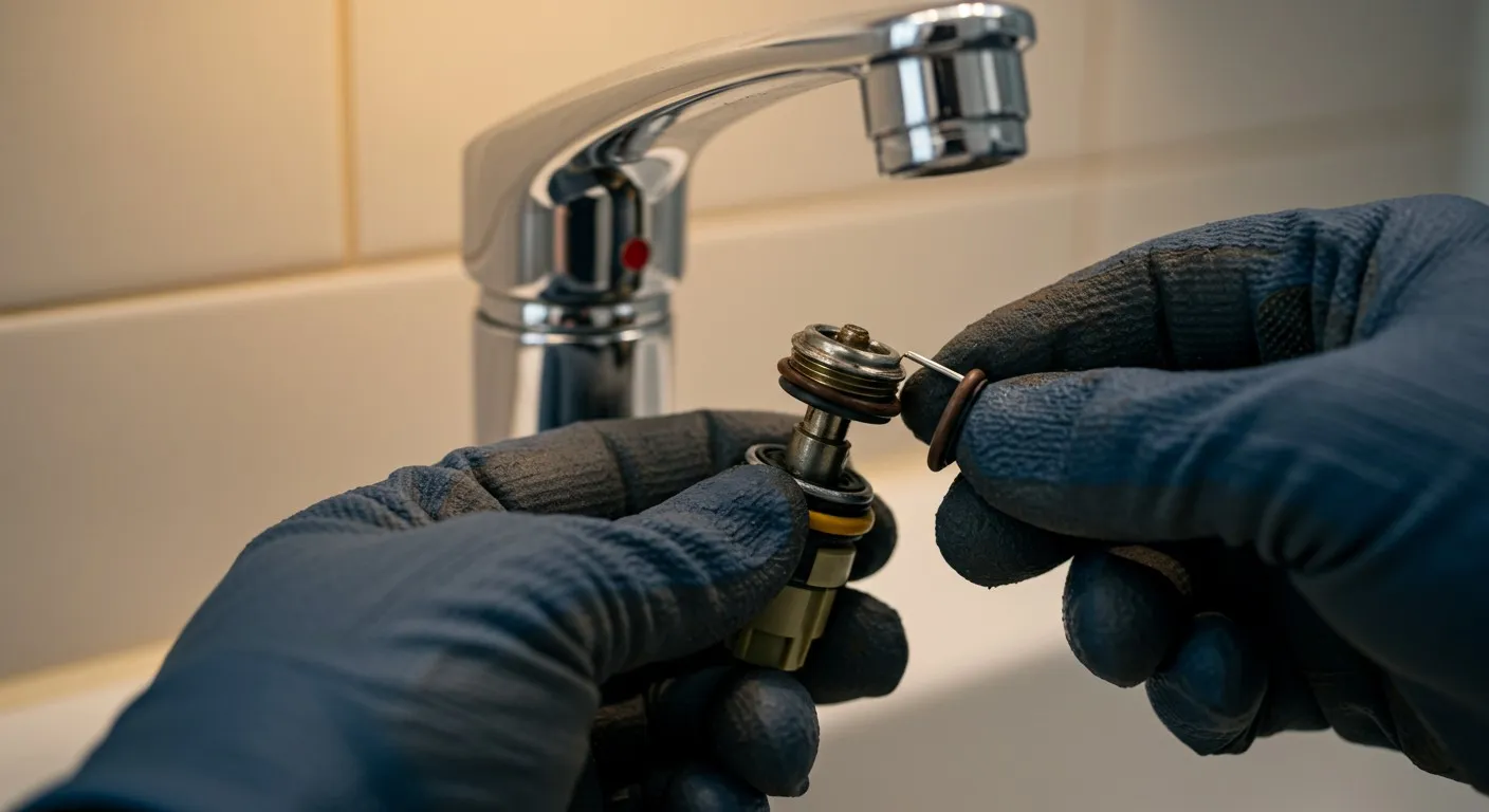A person repairing a bathroom faucet.