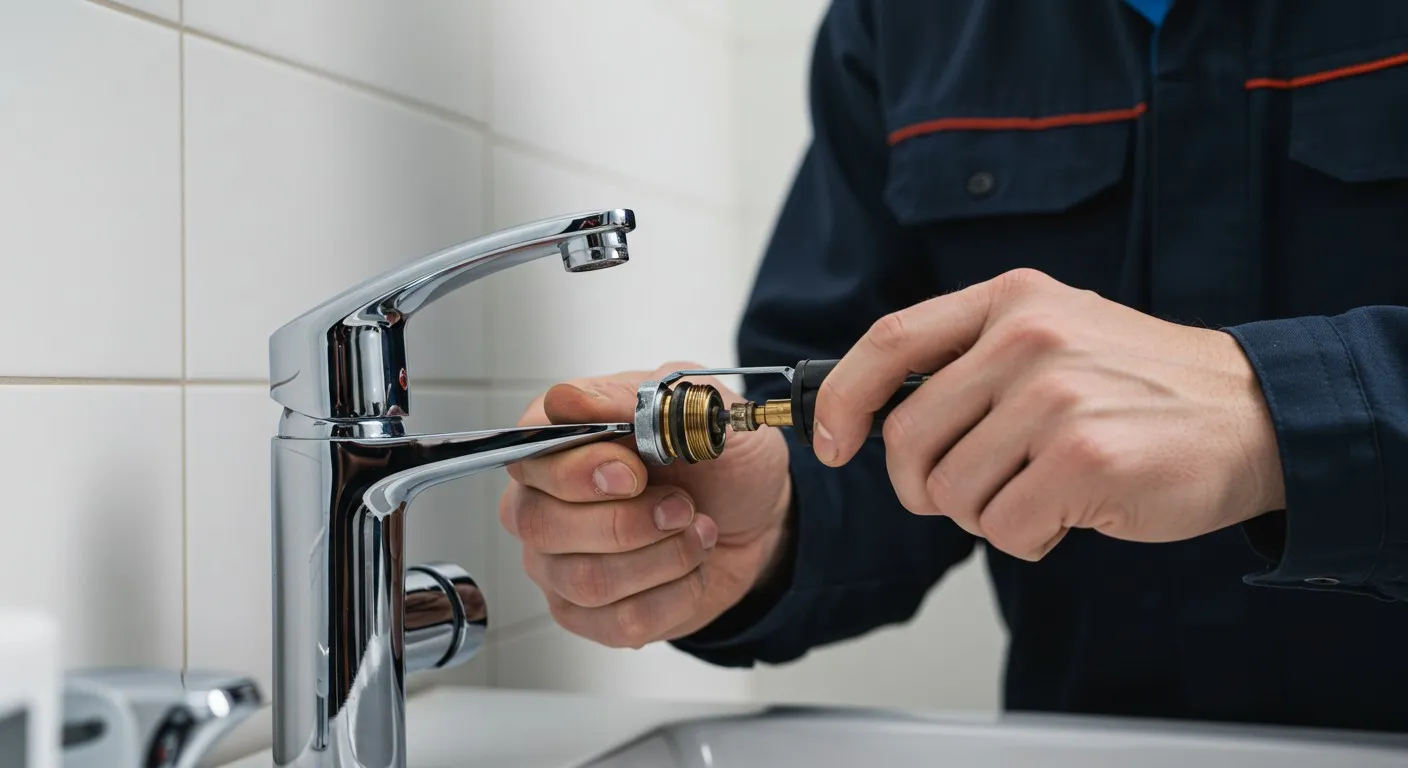 A person repairing a bathroom faucet.