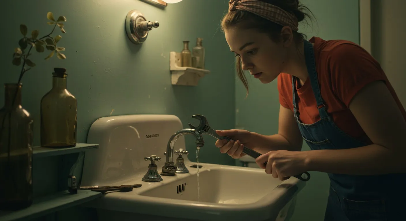 A woman fixing a bathroom faucet.