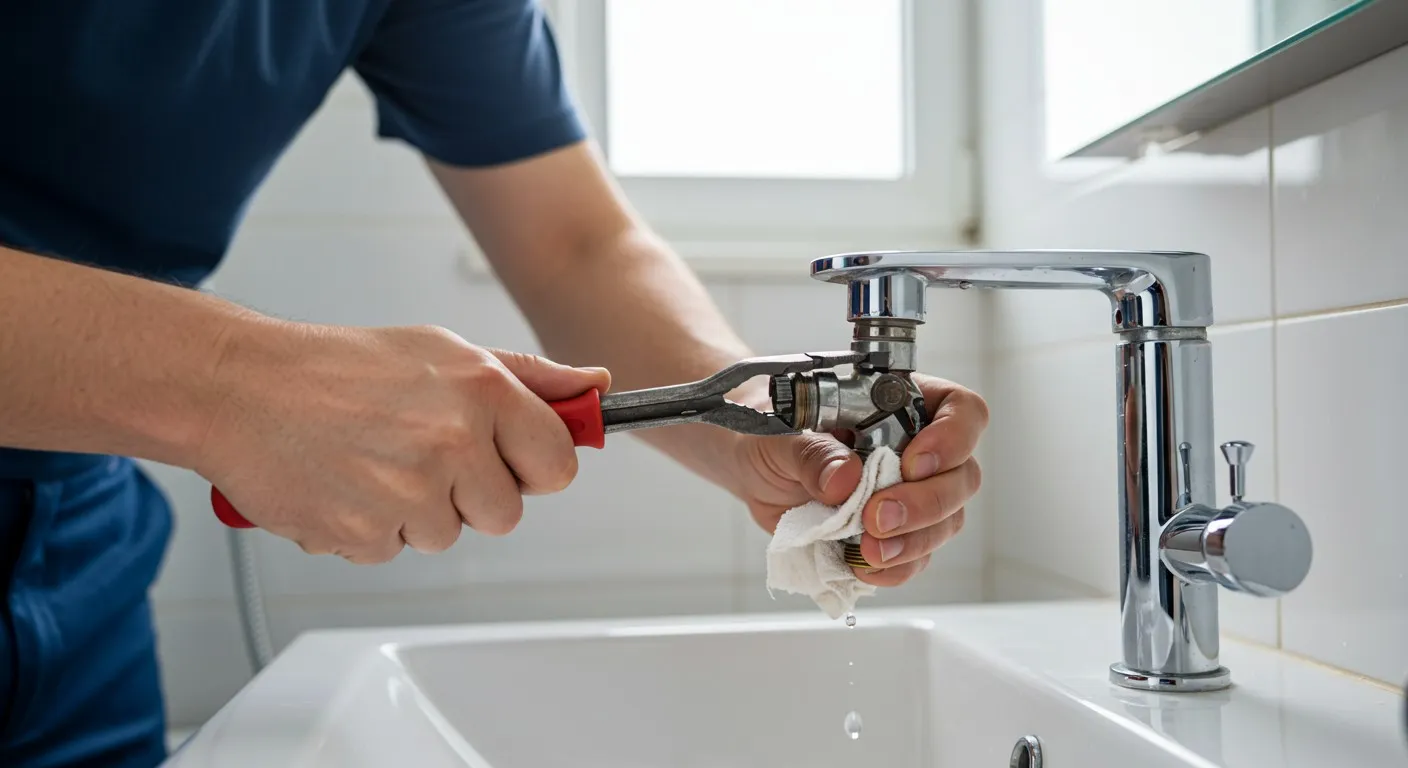 A person repairing a bathroom faucet.