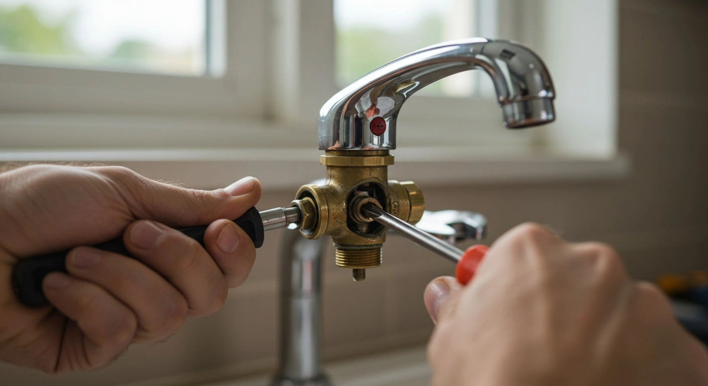 A person repairing a bathroom faucet.