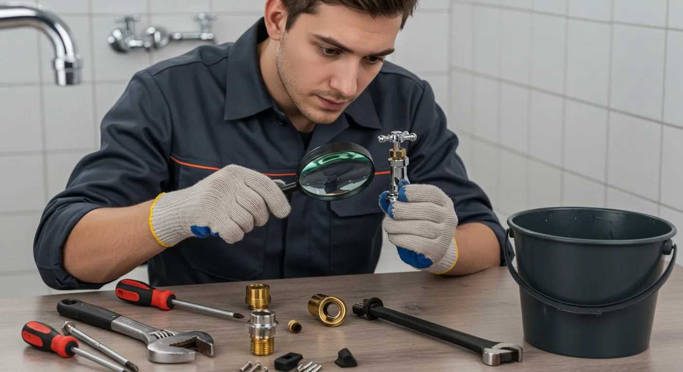 A male plumber examining a faucet.