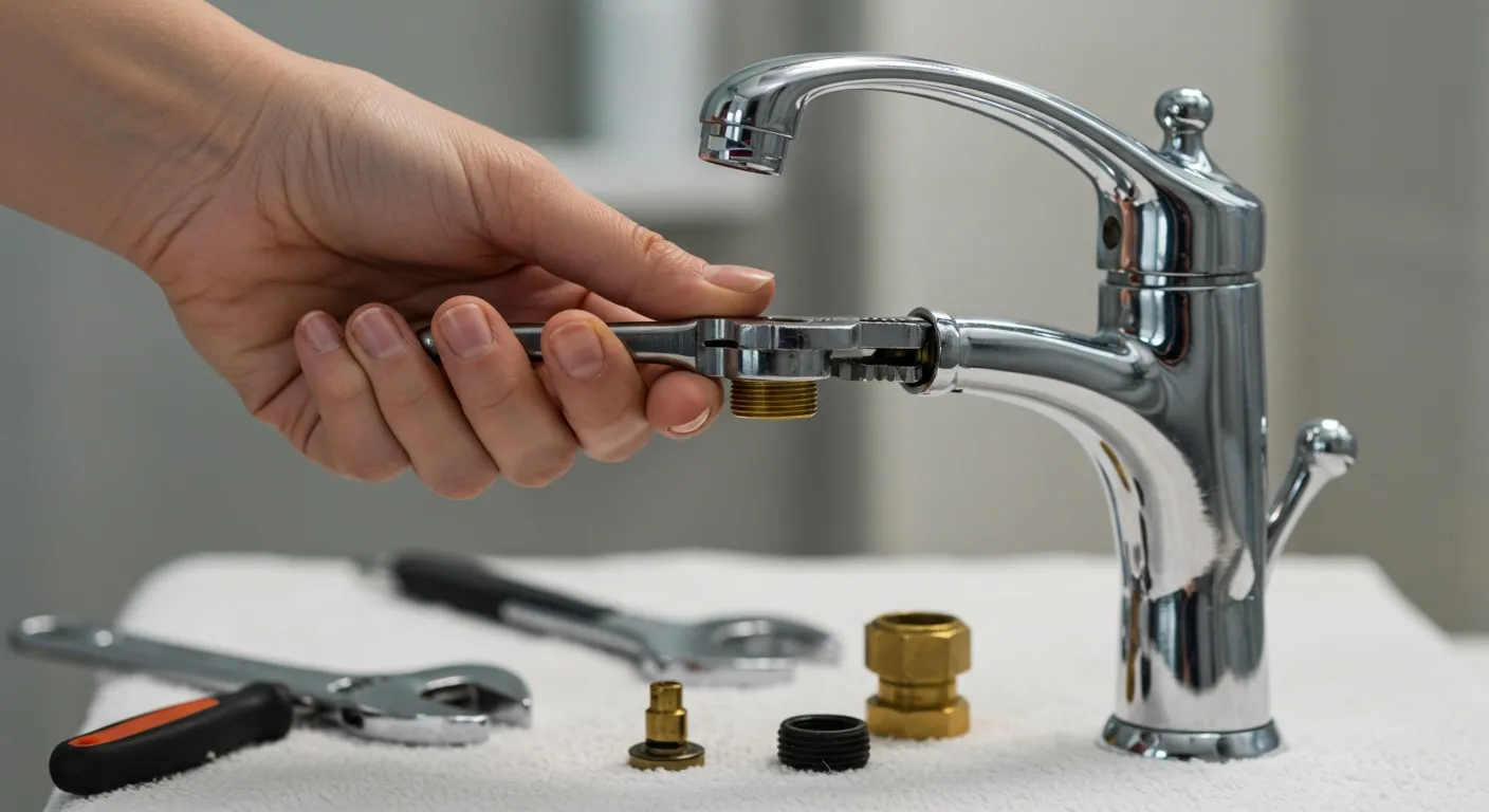 A person repairing a bathroom faucet.