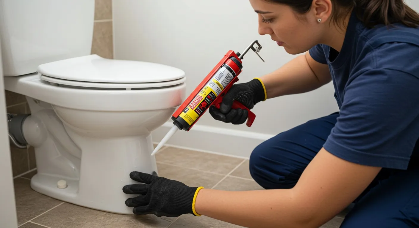 A female plumber caulking a toilet.