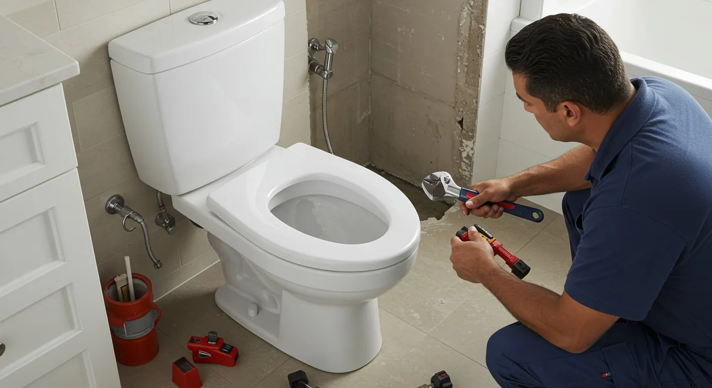 A plumber fixing pipes behind a toilet.