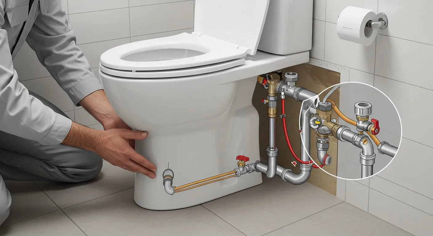 A man fixing toilet plumbing diagram.