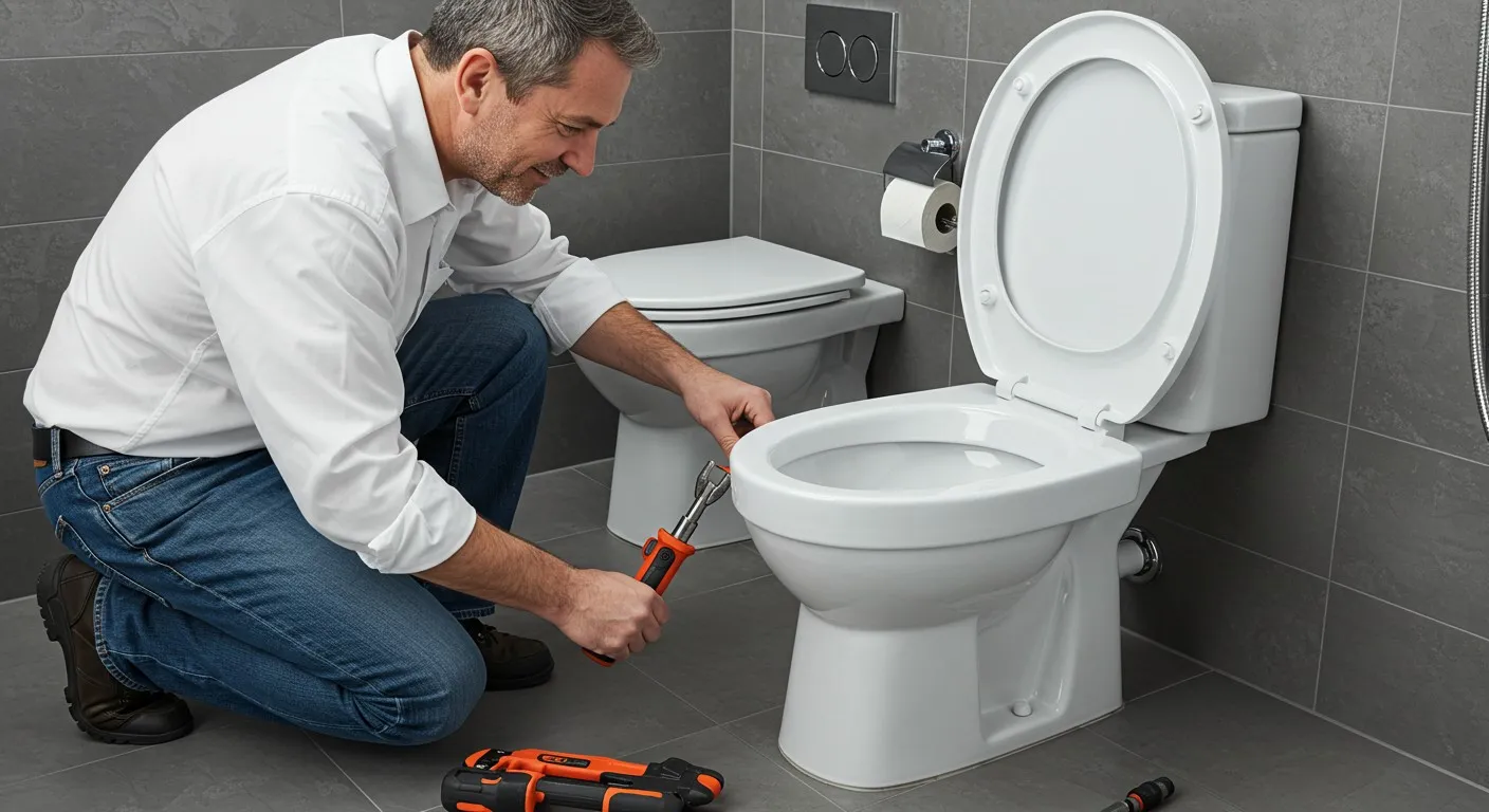 A plumber installing a bathroom toilet.