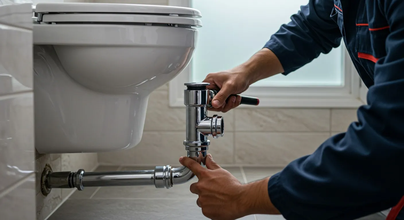 A plumber repairing a toilet's drain.