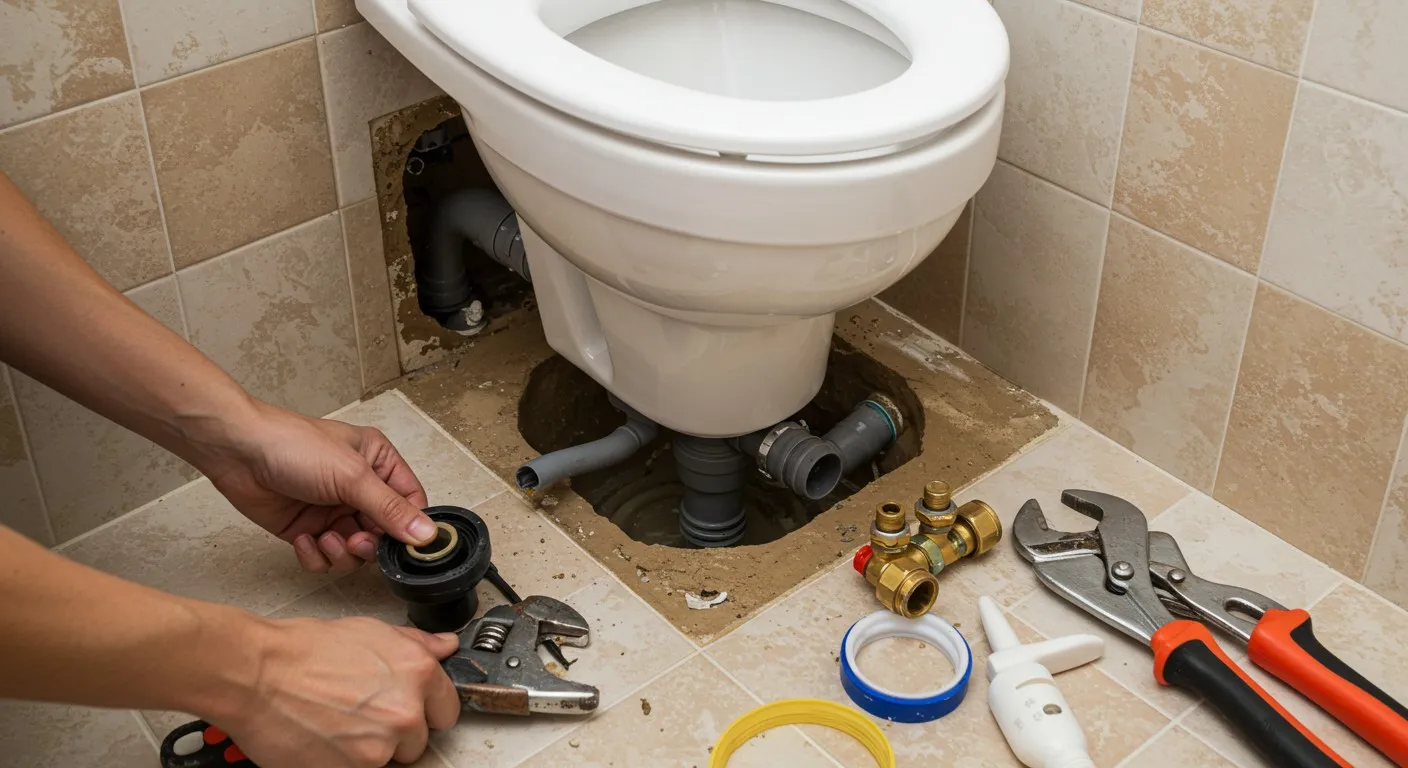 A person installing a toilet pipe.