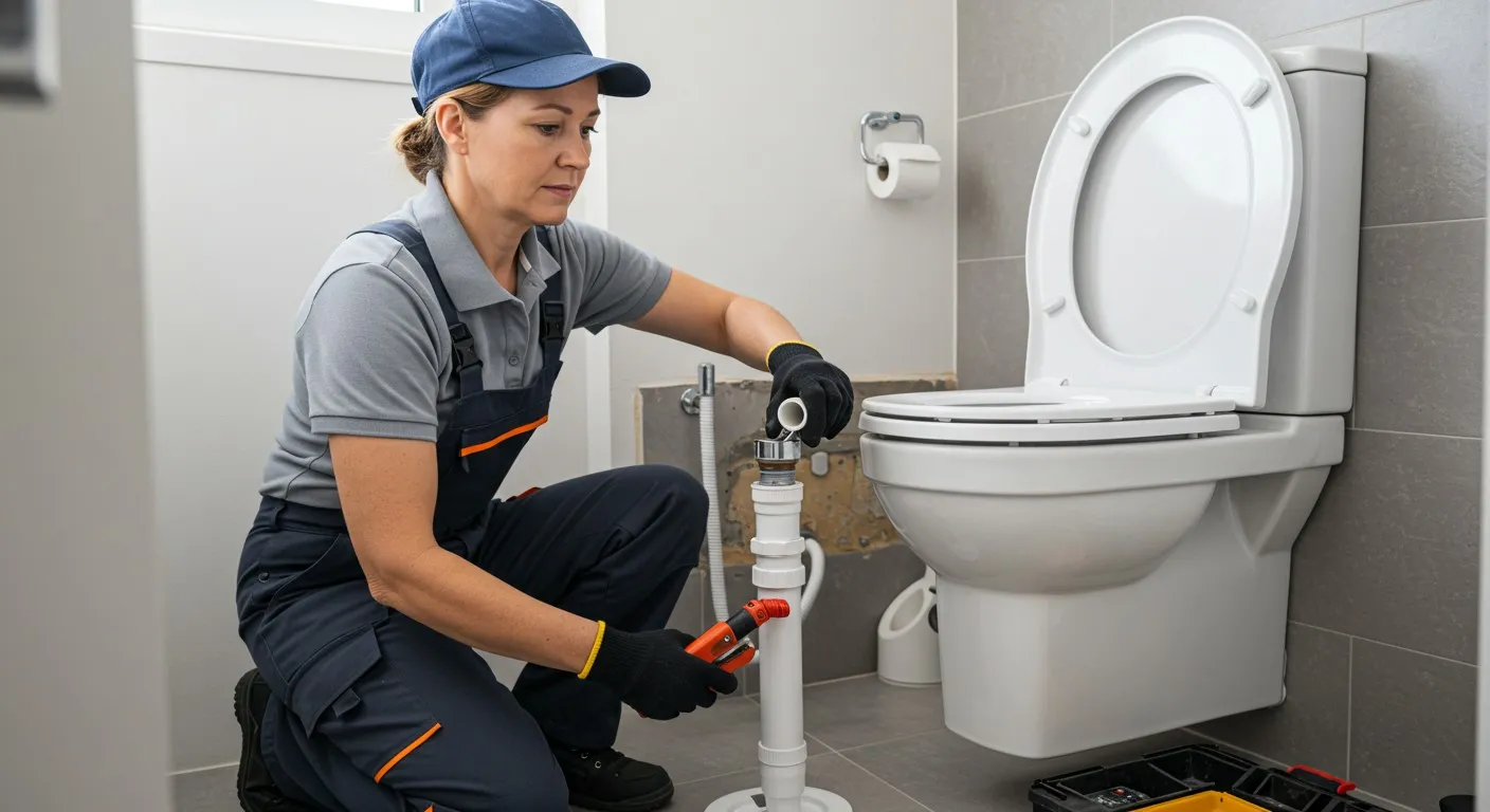 A female plumber fixing a toilet.