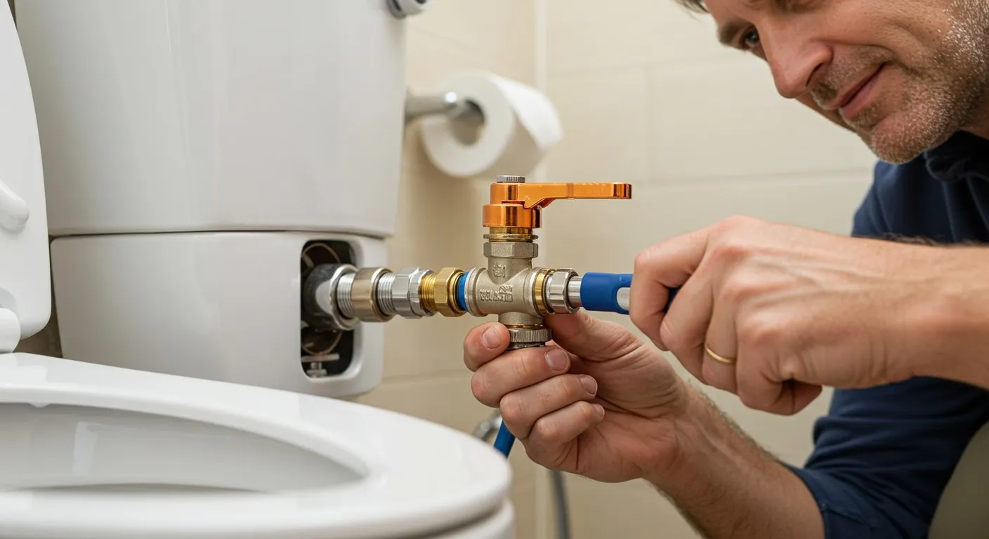 A plumber installing a toilet valve.