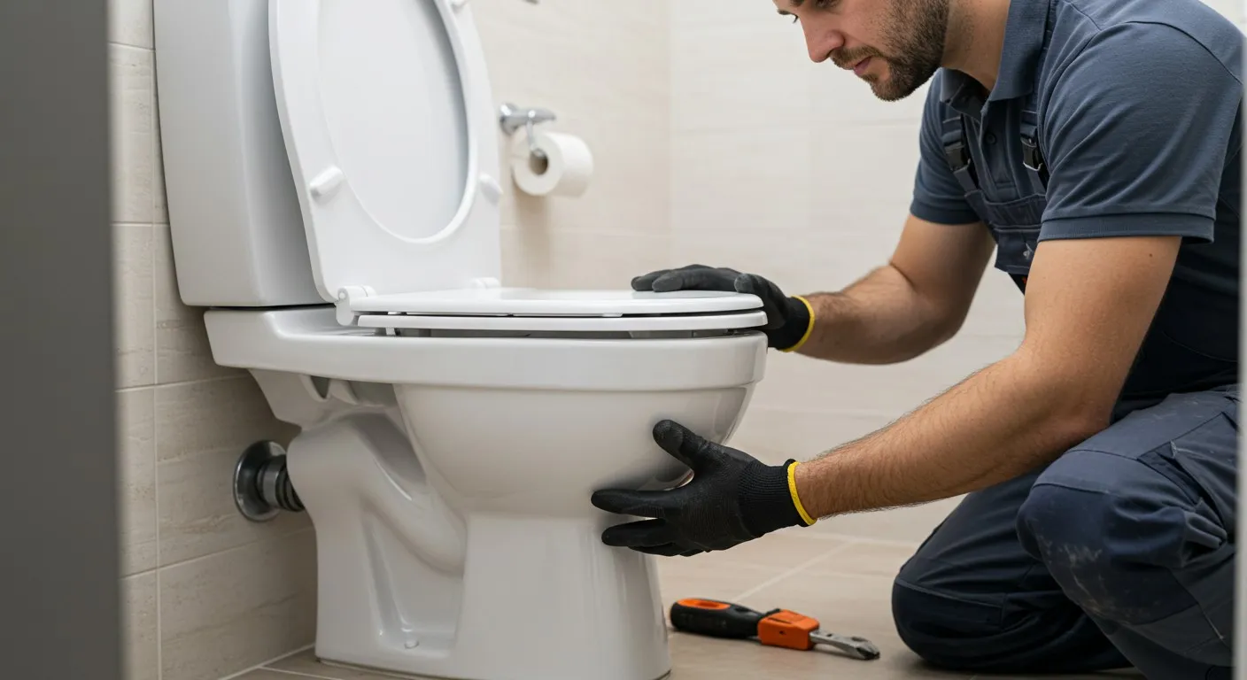 A man installing a new toilet.