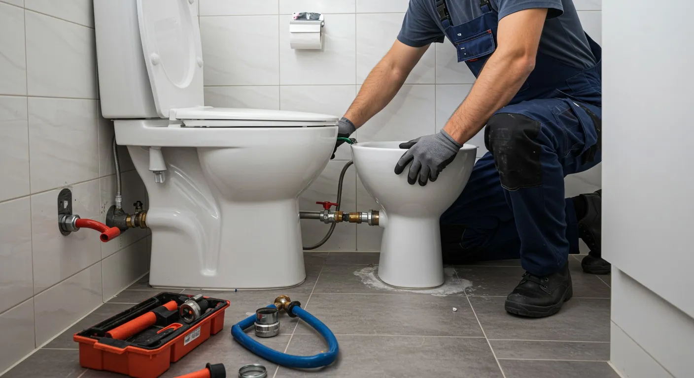 A plumber installing a toilet bidet.