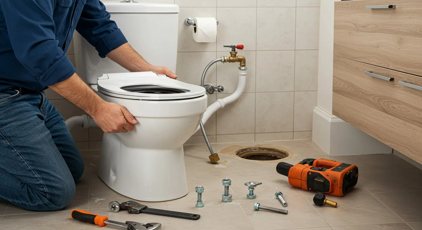 A male plumber is installing a toilet.