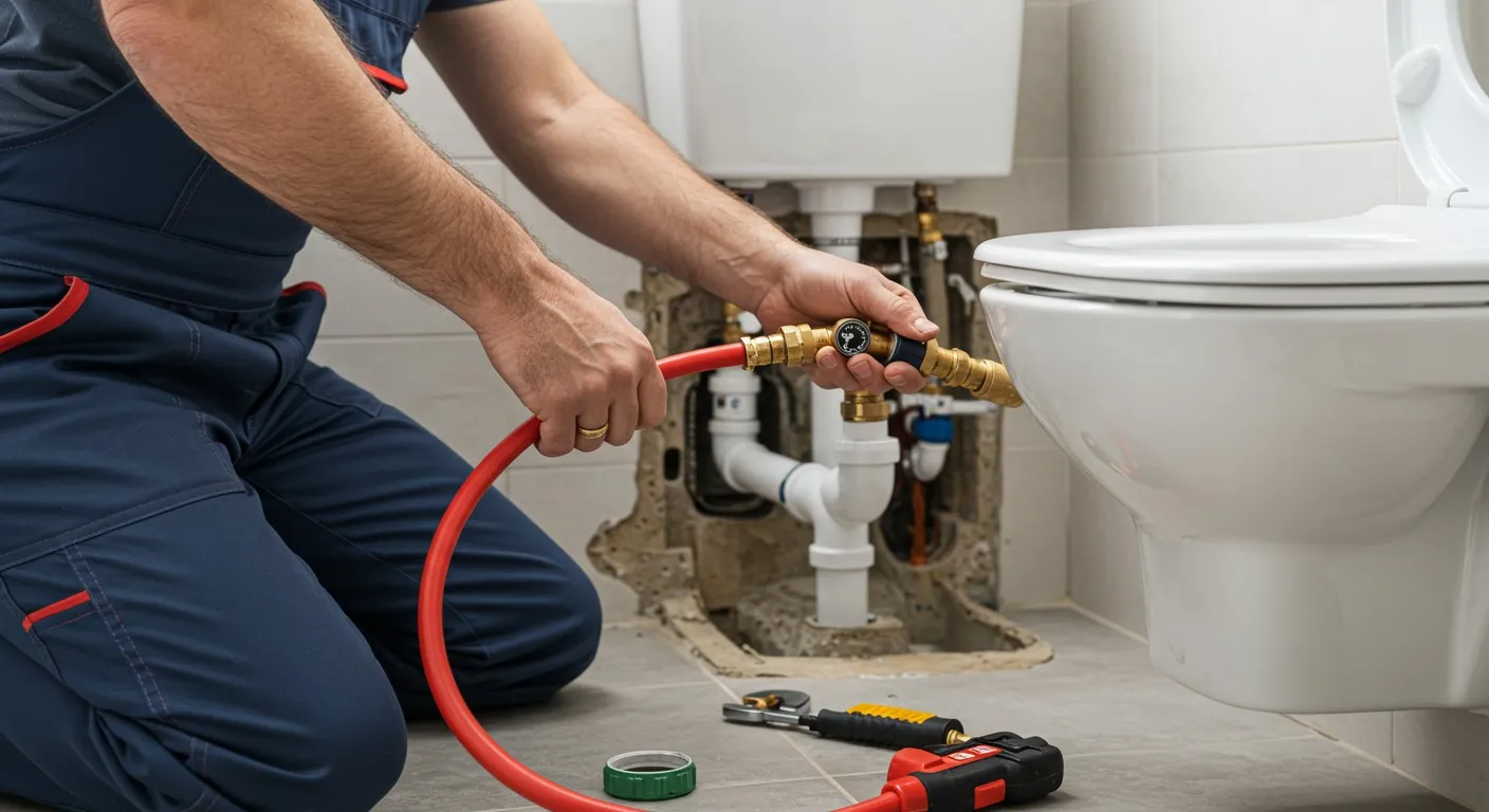 A plumber installing a toilet pipe.