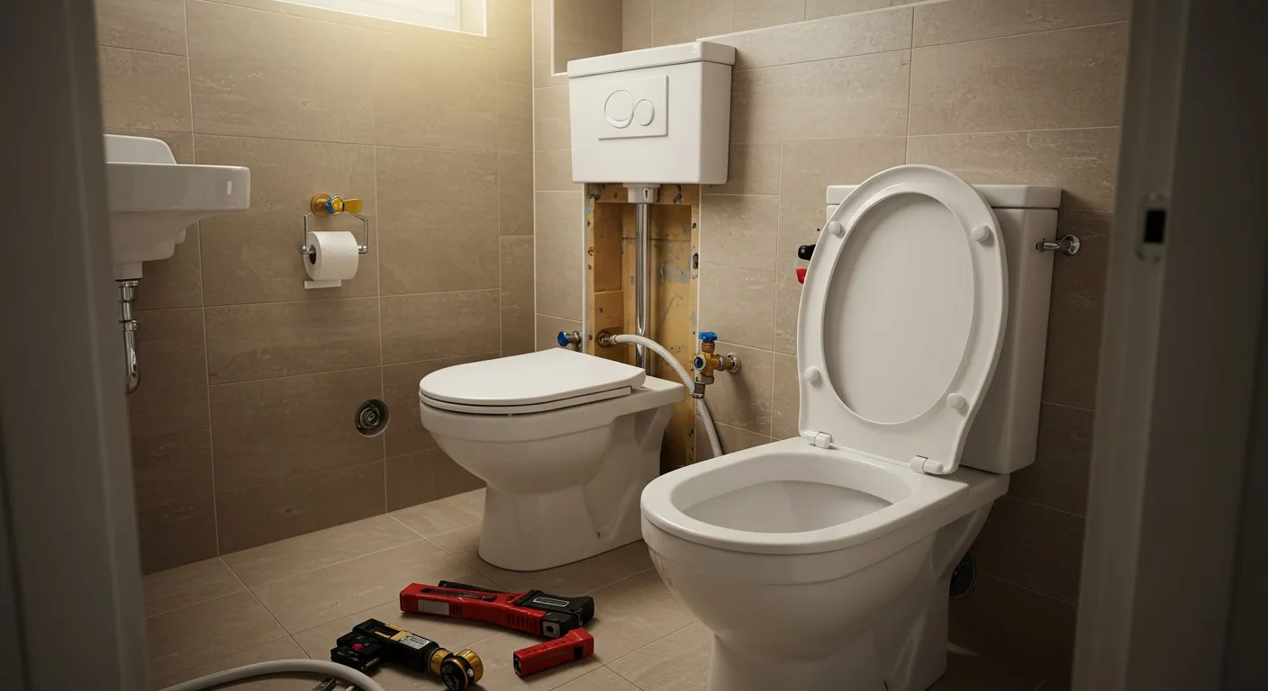 A toilet being installed in a bathroom.