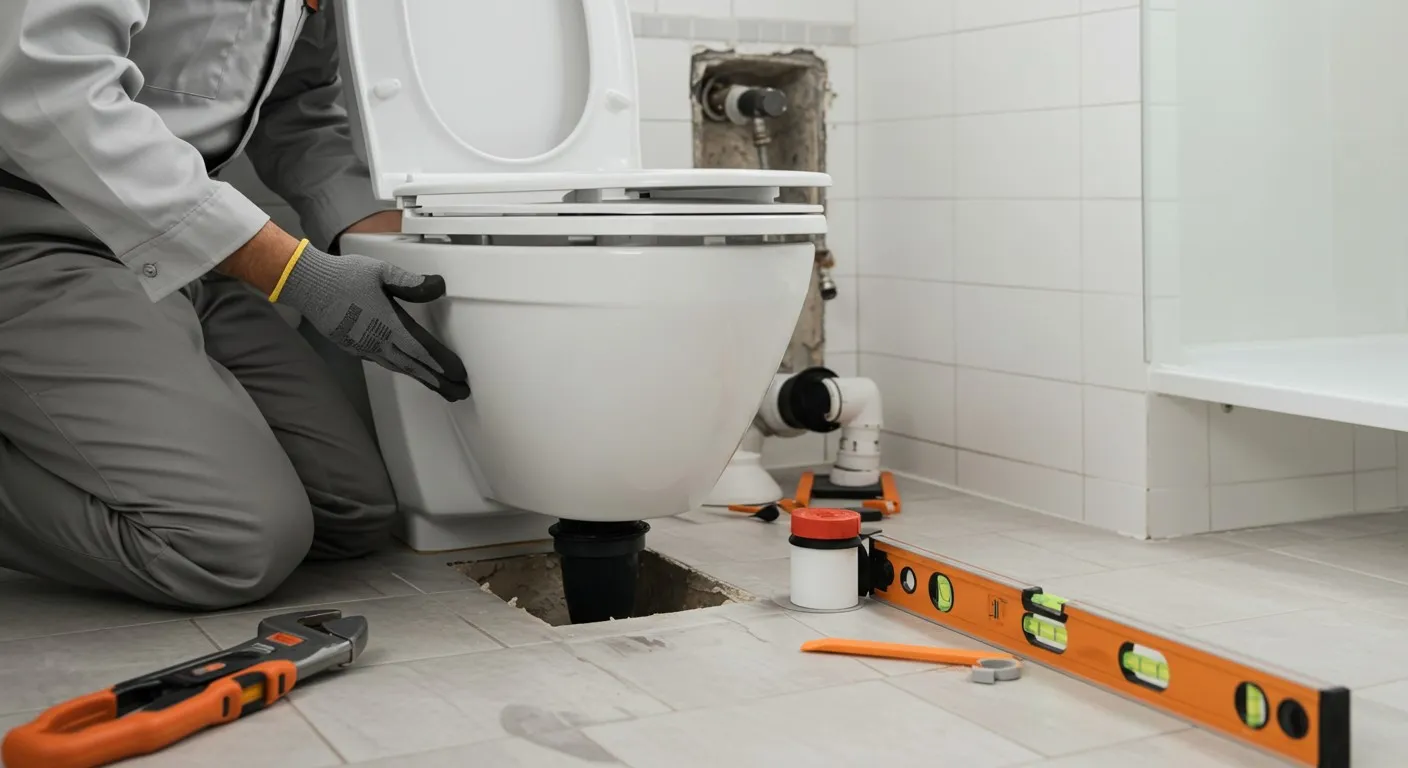 A plumber installing a new toilet.