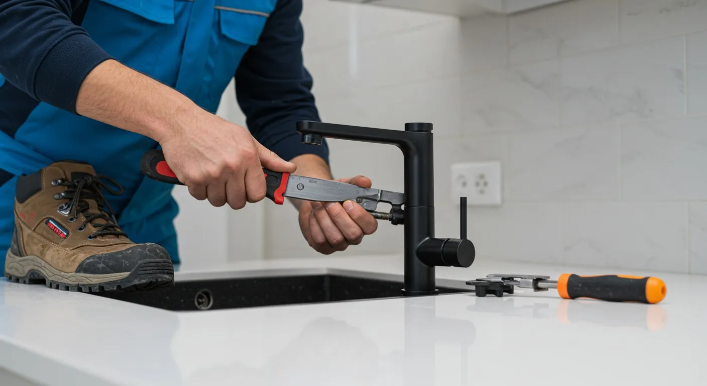 A plumber installing a kitchen faucet.