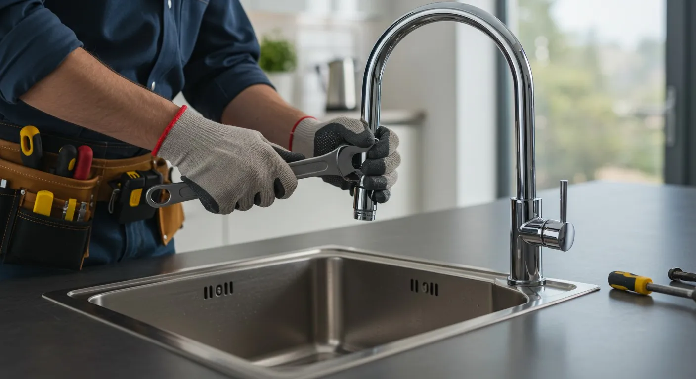 A plumber installing a kitchen faucet.