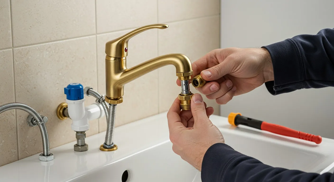 A person installing a brass faucet.